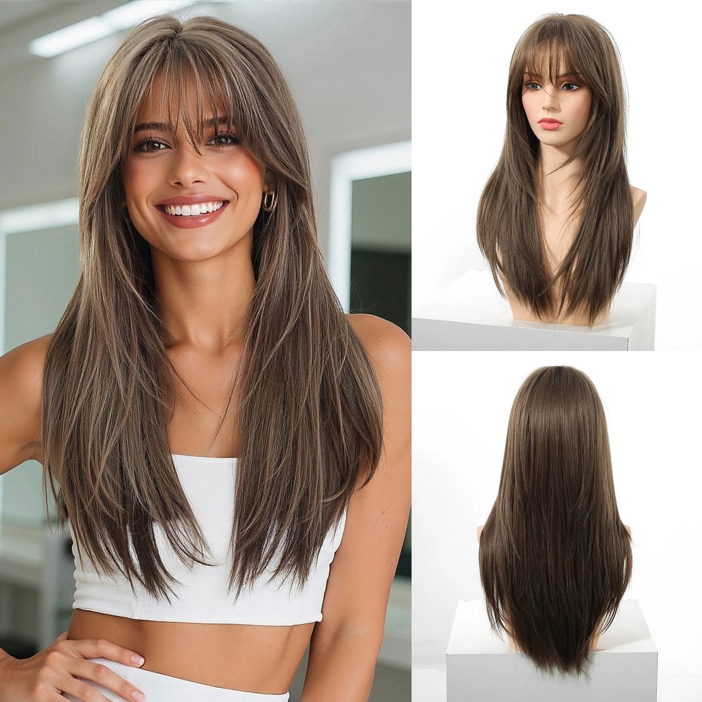 EASIHAIR Brown Straight Layered Wigs for Women Long Natural Hair