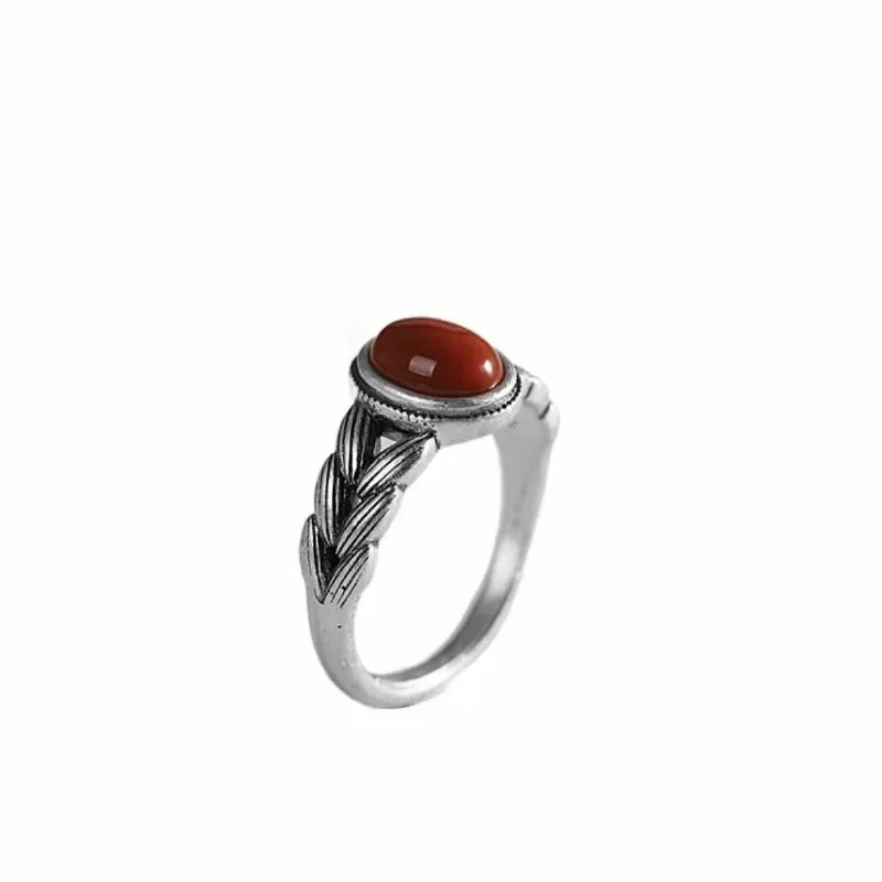 Retro Hollow Wheat Ear Red Stone Rings for Women Gift Fashion Ethnic Style Open Index Finger Ring Boho Mom's Jewelry Accessories