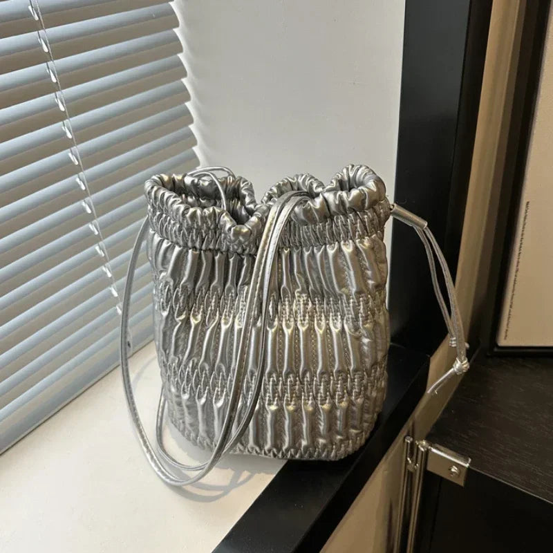 Silver Pleated Drawstring Shoulder Bucket Bags Women