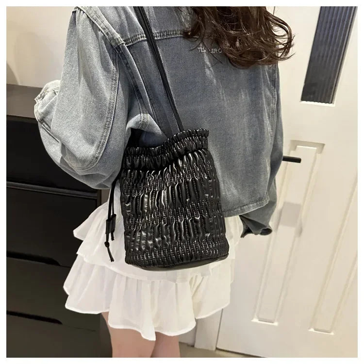 Silver Pleated Drawstring Shoulder Bucket Bags Women