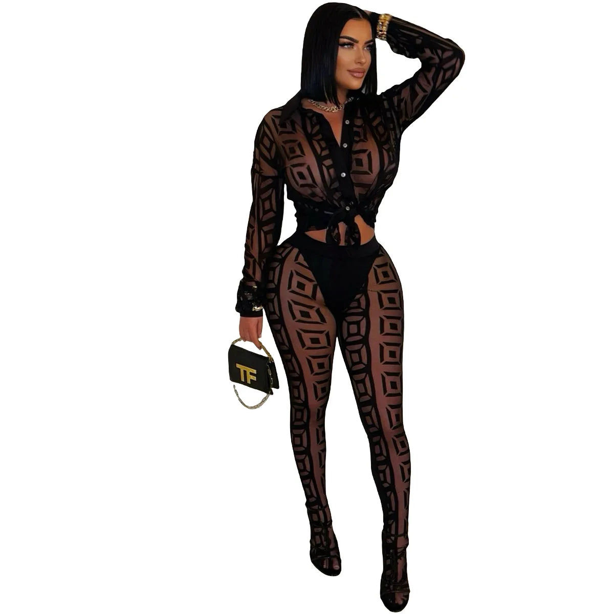 FAGADOER Sexy Mesh Women 2 Piece Set Outfit See Through
