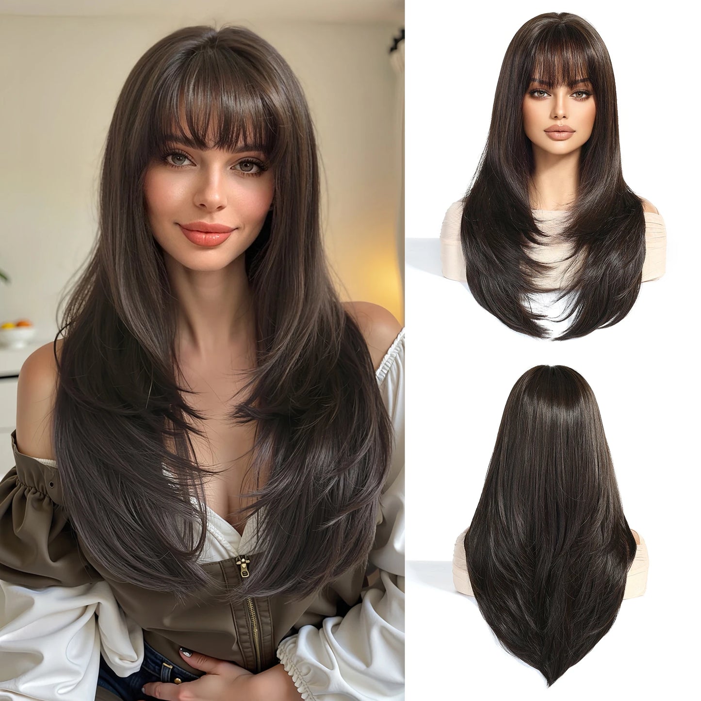 EASIHAIR Brown Straight Layered Wigs for Women Long Natural Hair
