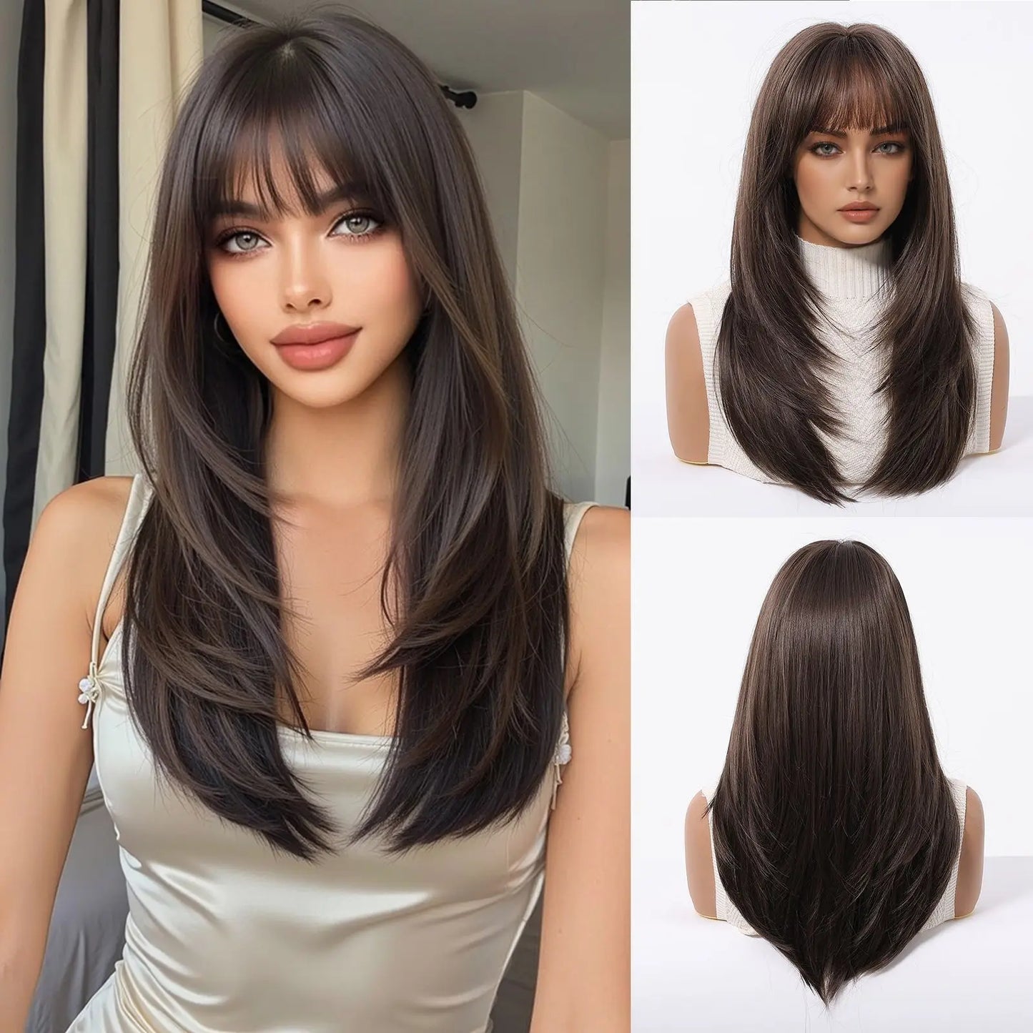 EASIHAIR Brown Straight Layered Wigs for Women Long Natural Hair