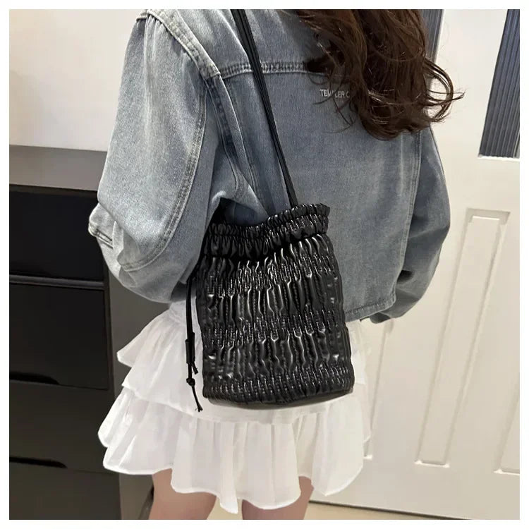 Silver Pleated Drawstring Shoulder Bucket Bags Women