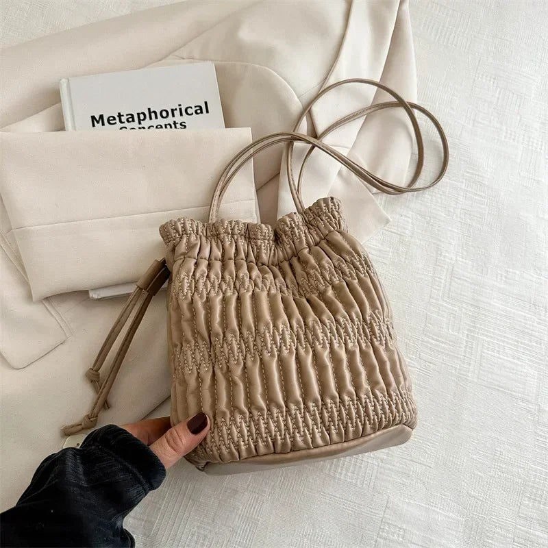Silver Pleated Drawstring Shoulder Bucket Bags Women
