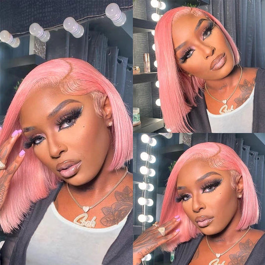 Pink Bob Wig Human Hair 180% Denity