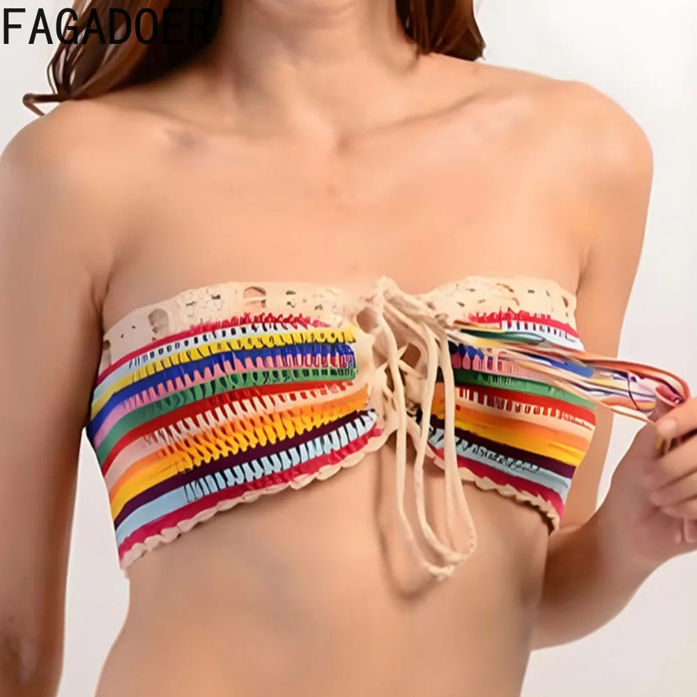 FAGADOER Y2k Sexy Knit 2 Piece Sets Women Outfit Tube Stripe Lace