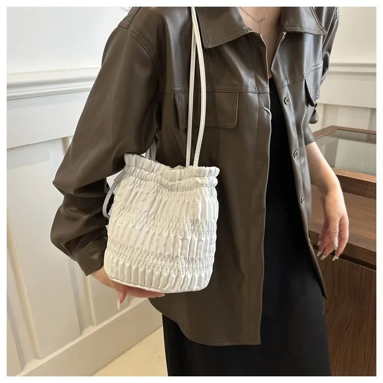 Silver Pleated Drawstring Shoulder Bucket Bags Women