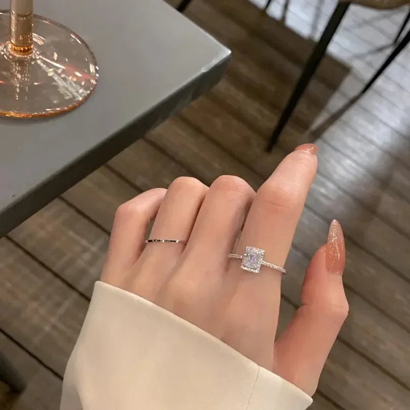 INS Opening Square Zircon Crystal Ring for Women