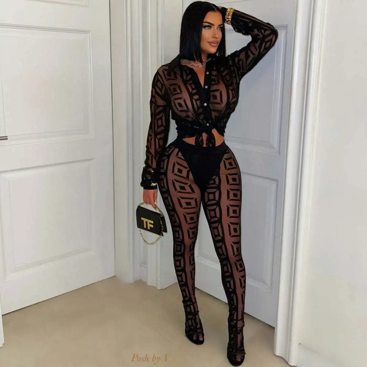 FAGADOER Sexy Mesh Women 2 Piece Set Outfit See Through