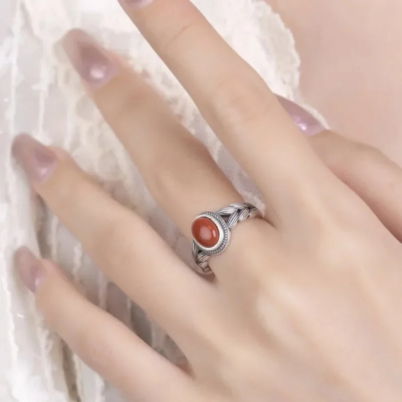 Retro Hollow Wheat Ear Red Stone Rings for Women Gift Fashion Ethnic Style Open Index Finger Ring Boho Mom's Jewelry Accessories
