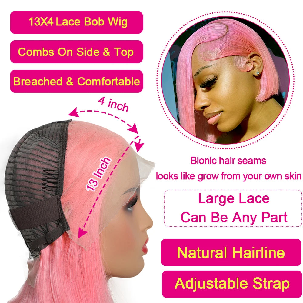 Pink Bob Wig Human Hair 180% Denity