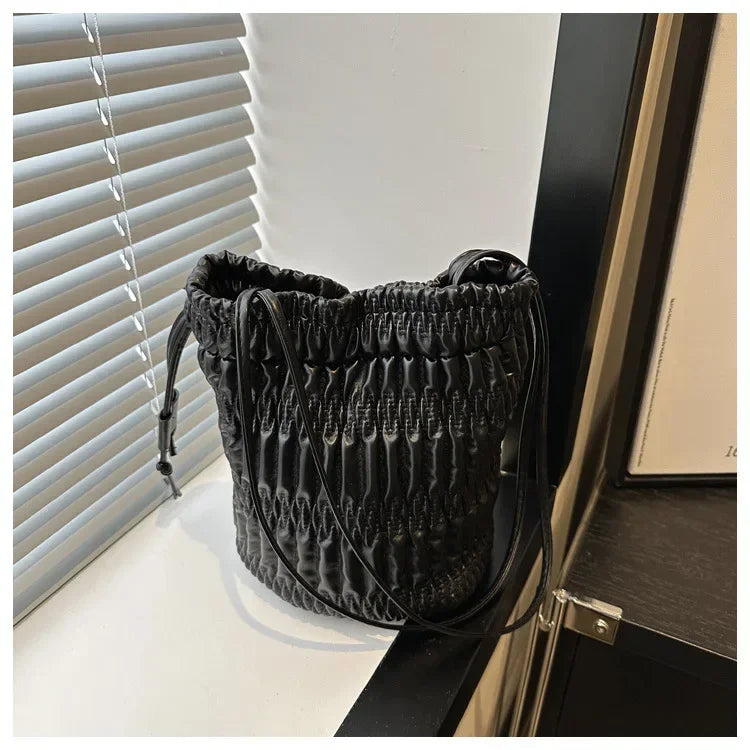 Silver Pleated Drawstring Shoulder Bucket Bags Women