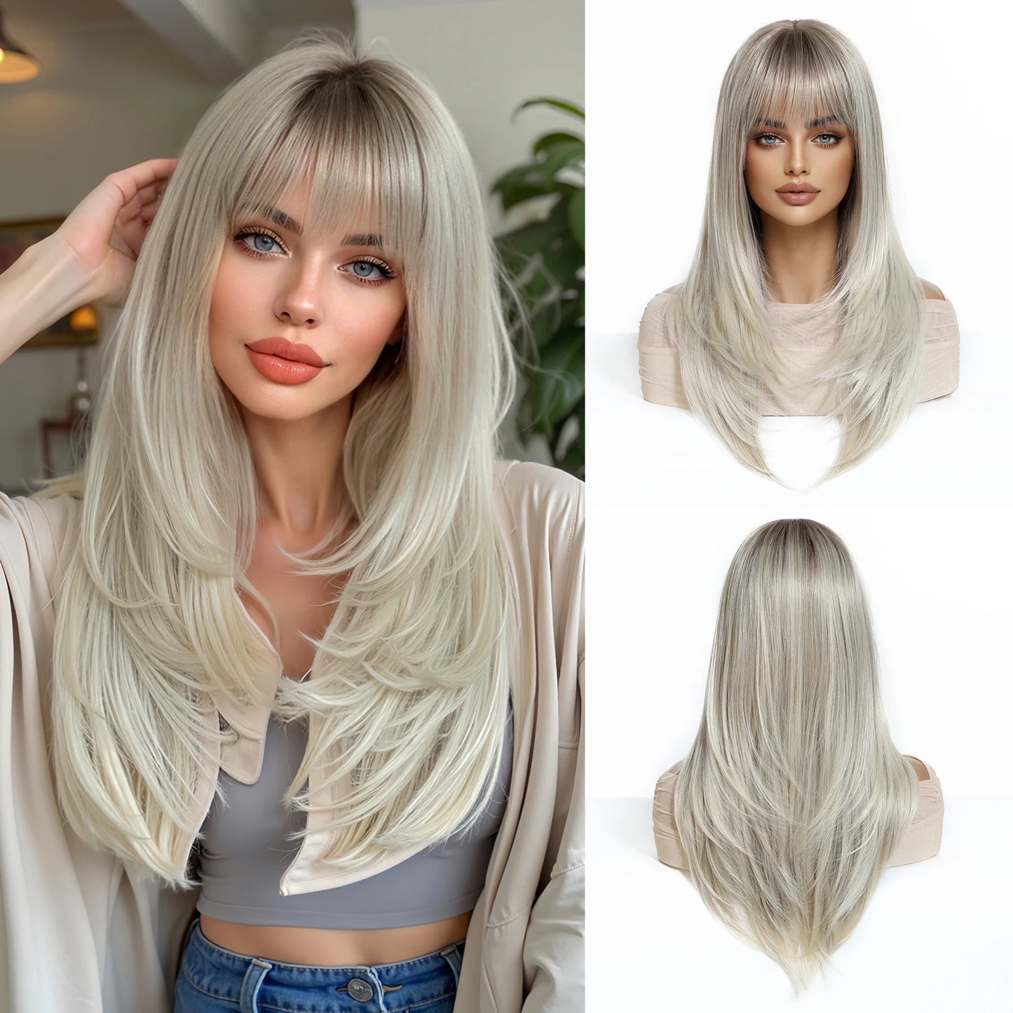 EASIHAIR Brown Straight Layered Wigs for Women Long Natural Hair