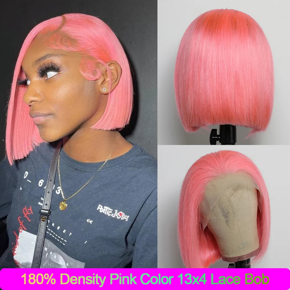 Pink Bob Wig Human Hair 180% Denity