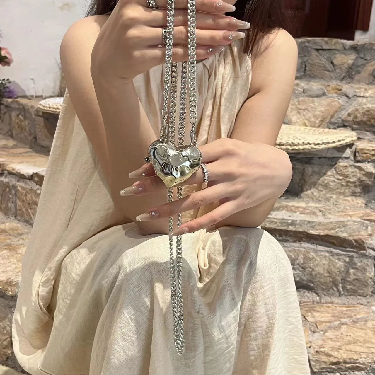 Luxury Small Bling Heart Shape Silver Evening