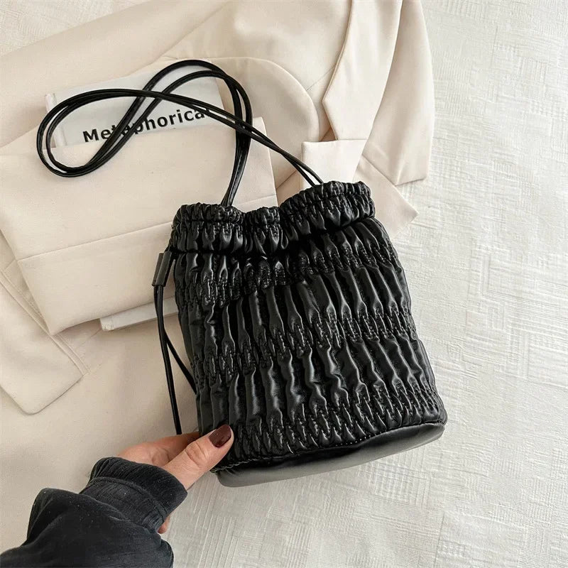 Silver Pleated Drawstring Shoulder Bucket Bags Women