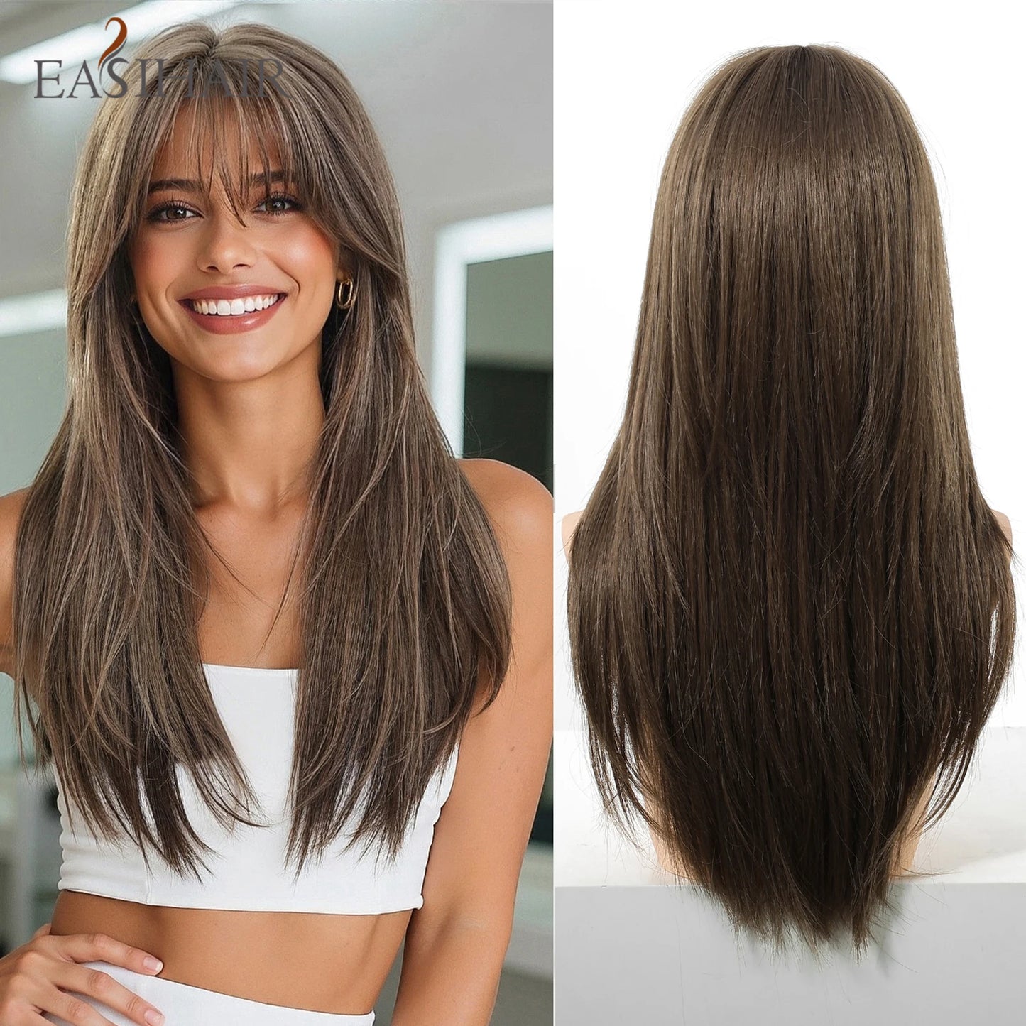 EASIHAIR Brown Straight Layered Wigs for Women Long Natural Hair