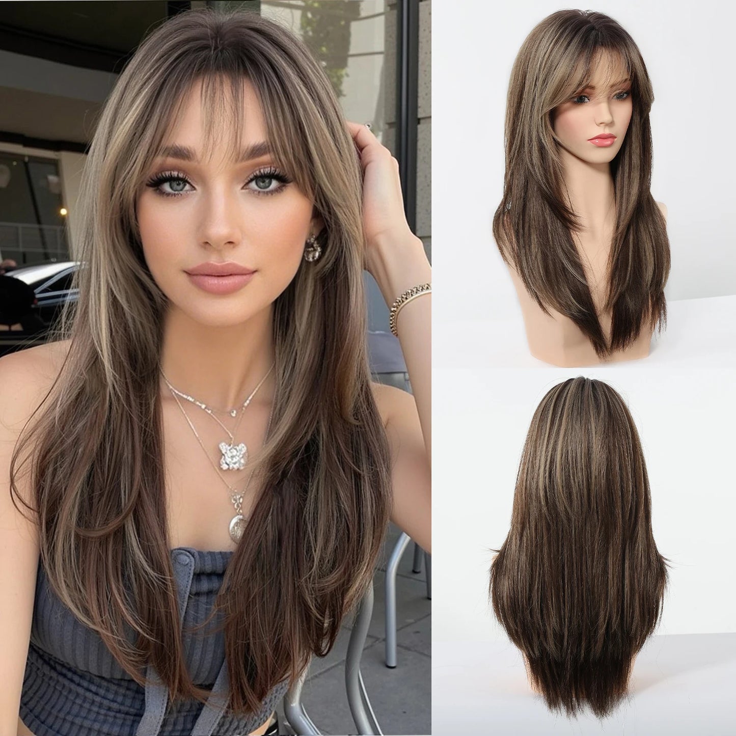 EASIHAIR Brown Straight Layered Wigs for Women Long Natural Hair