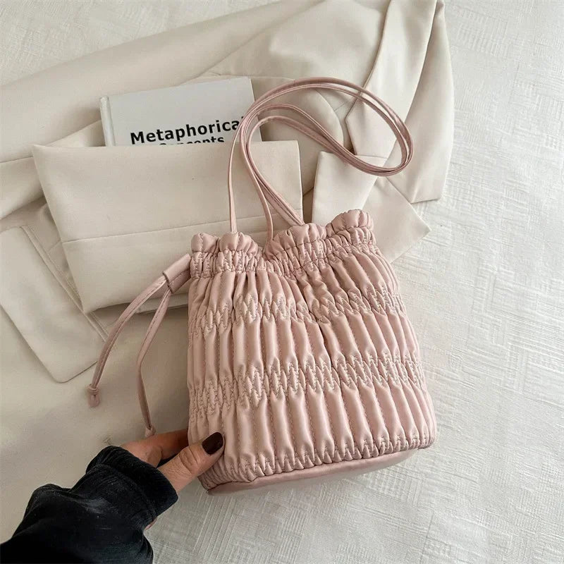 Silver Pleated Drawstring Shoulder Bucket Bags Women