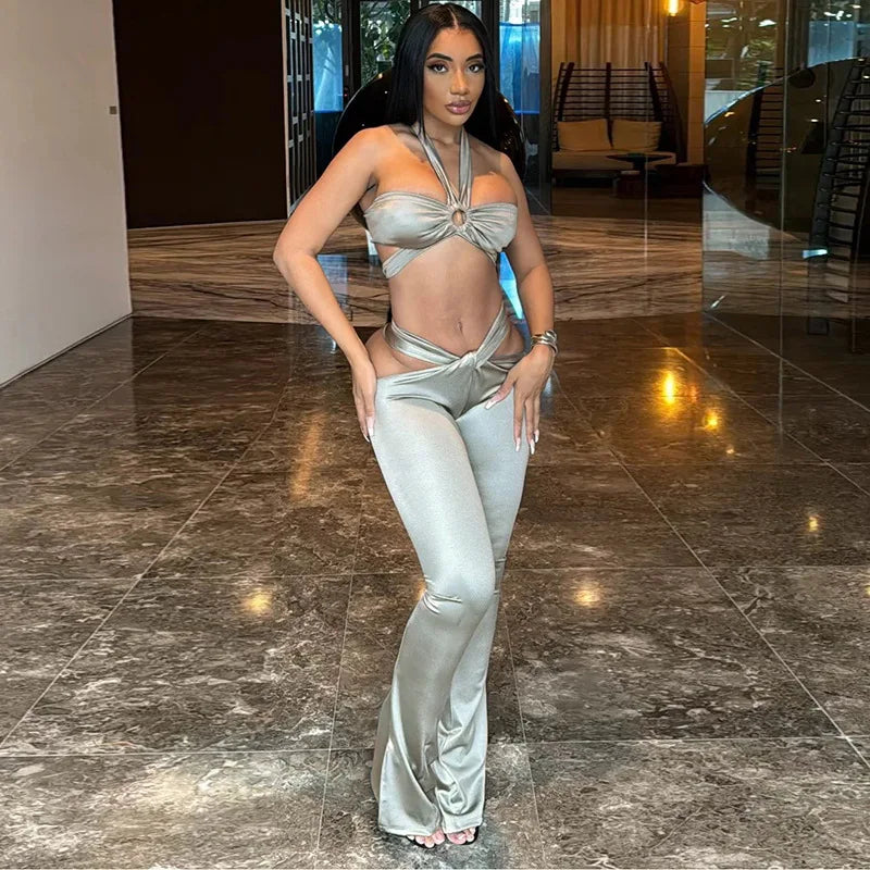 Bandage Sexy Hollow Out 2 Piece Sets Flare Pants Women Luxury