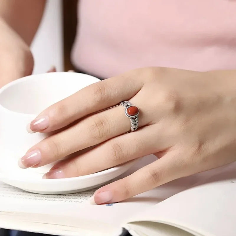 Retro Hollow Wheat Ear Red Stone Rings for Women Gift Fashion Ethnic Style Open Index Finger Ring Boho Mom's Jewelry Accessories