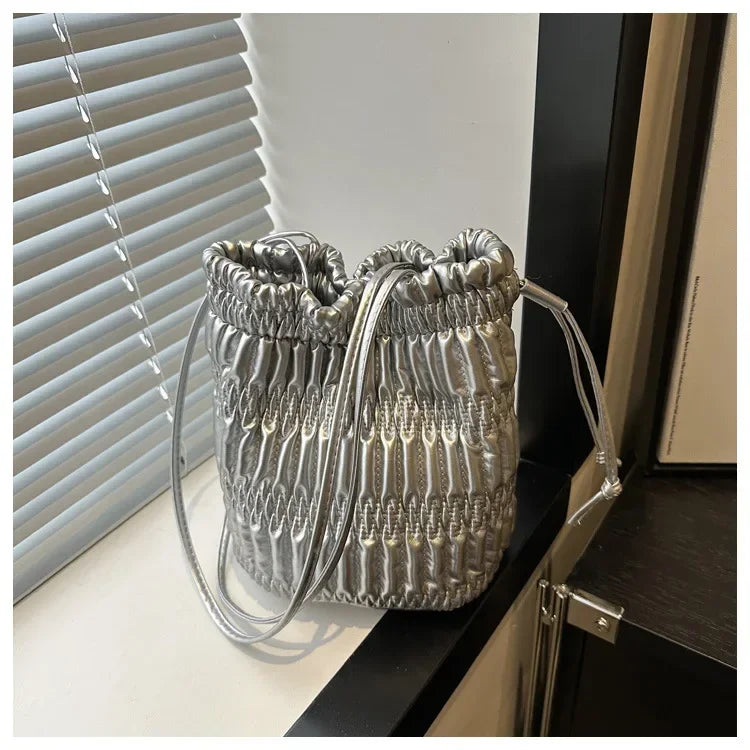 Silver Pleated Drawstring Shoulder Bucket Bags Women