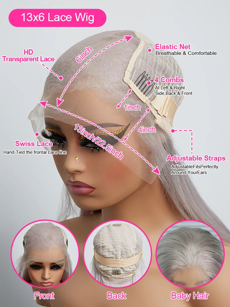 250% Silver Grey Human Hair Wig Body Wave Raw
