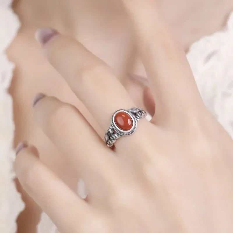 Retro Hollow Wheat Ear Red Stone Rings for Women Gift Fashion Ethnic Style Open Index Finger Ring Boho Mom's Jewelry Accessories