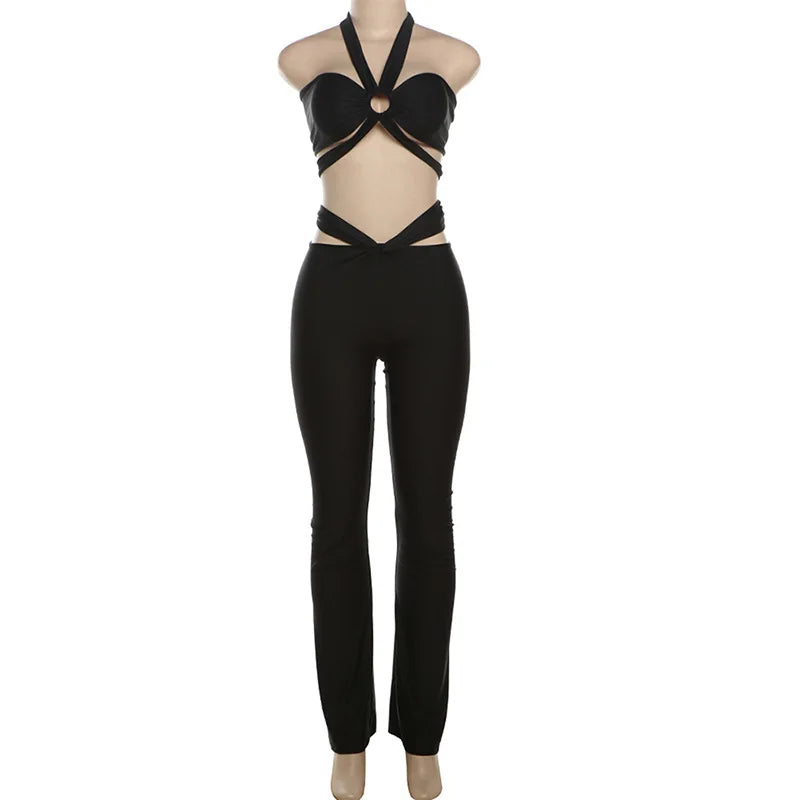 Bandage Sexy Hollow Out 2 Piece Sets Flare Pants Women Luxury