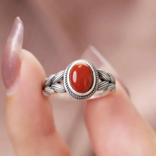 Retro Hollow Wheat Ear Red Stone Rings for Women Gift Fashion Ethnic Style Open Index Finger Ring Boho Mom's Jewelry Accessories