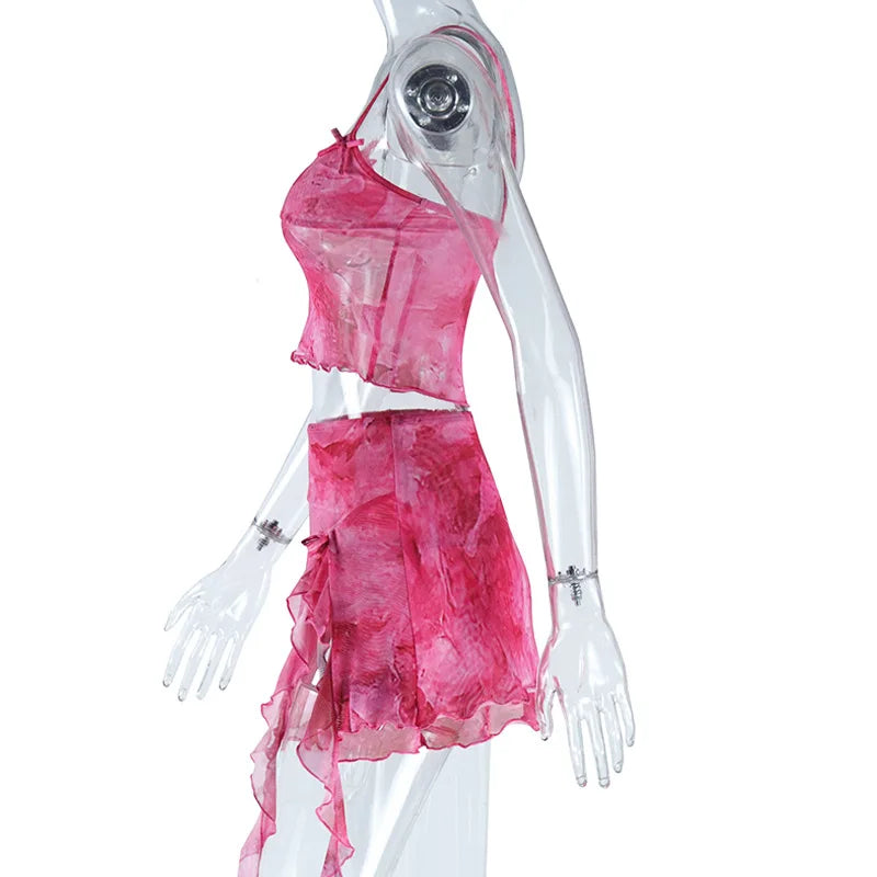 Sexy Camisole Two-piece Set Cute Y2K Kawaii Mesh Sheer Strap