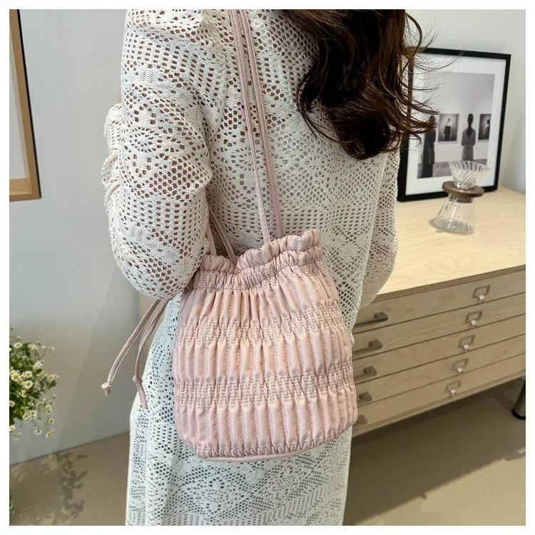 Silver Pleated Drawstring Shoulder Bucket Bags Women