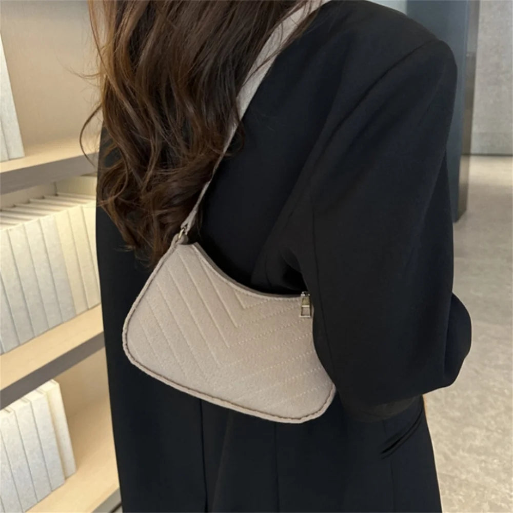 New Brand Women Retro Underarm Bag Felt Solid