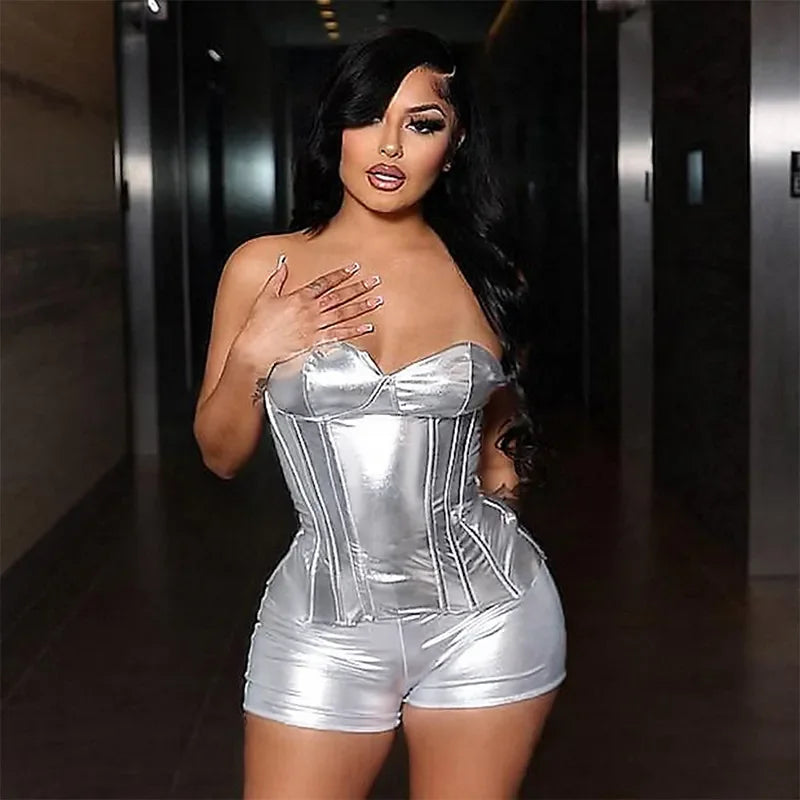 Women 2 Piece Shiny Silver Gold Leather Bustiers Corsets Slim Shorts