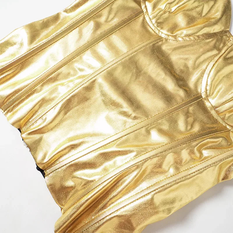 Women 2 Piece Shiny Silver Gold Leather Bustiers Corsets Slim Shorts