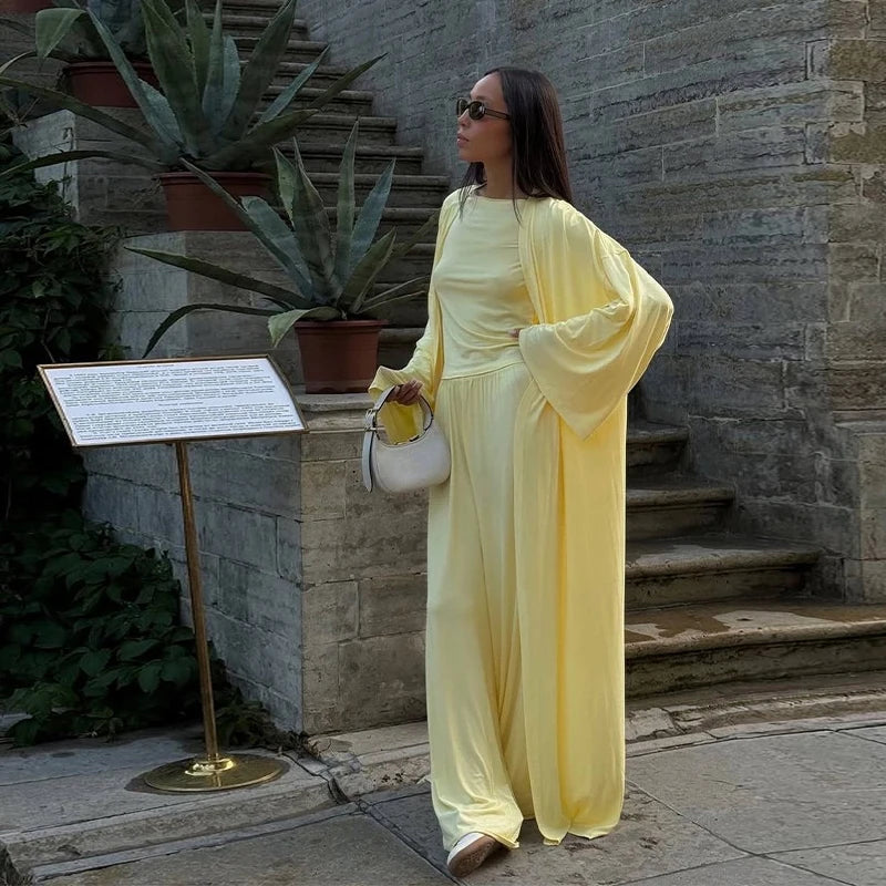 Casual Yellow Women 3 Pieces Suits 2025 V-neck Long Coat