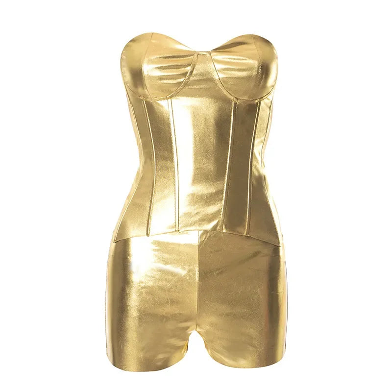 Women 2 Piece Shiny Silver Gold Leather Bustiers Corsets Slim Shorts
