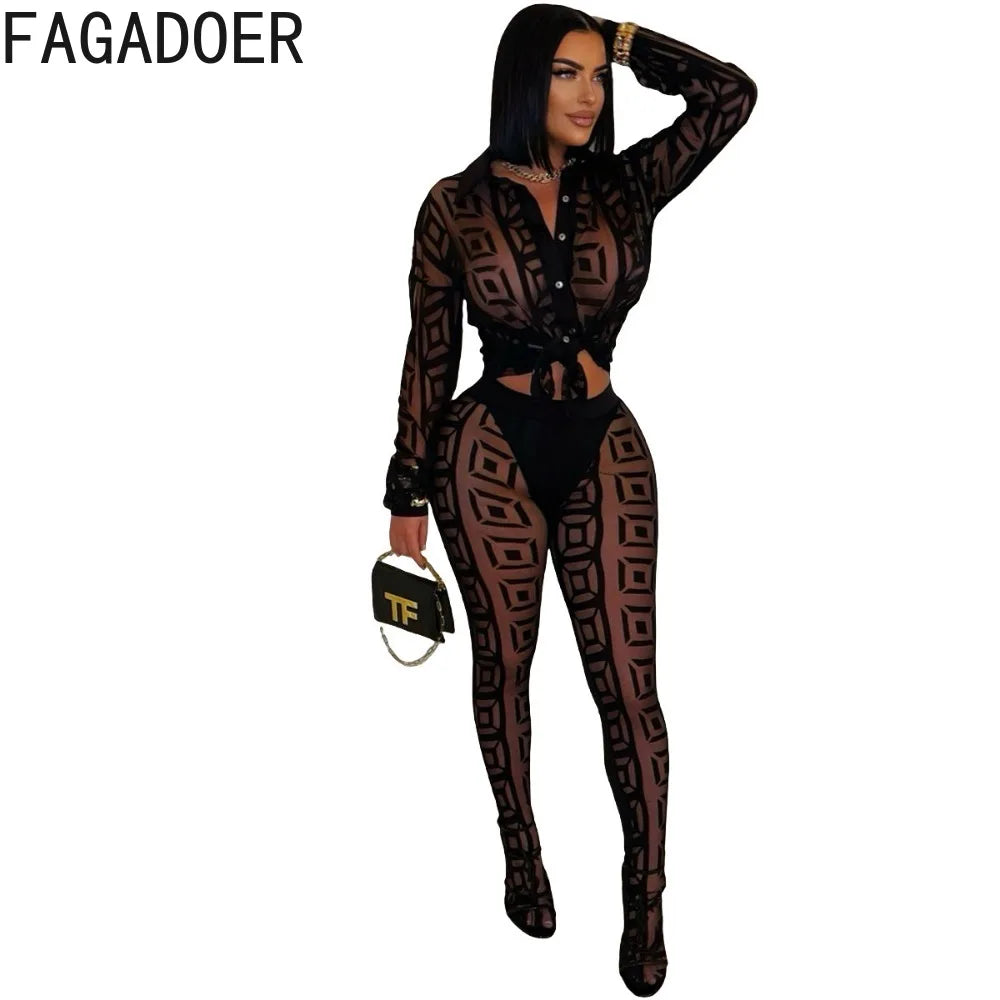 FAGADOER Sexy Mesh Women 2 Piece Set Outfit See Through