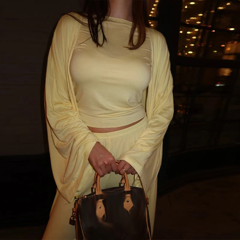 Casual Yellow Women 3 Pieces Suits 2025 V-neck Long Coat