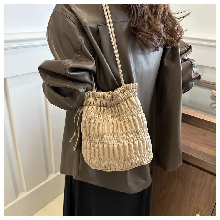 Silver Pleated Drawstring Shoulder Bucket Bags Women