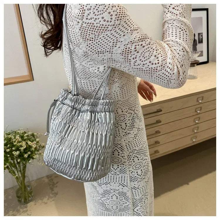 Silver Pleated Drawstring Shoulder Bucket Bags Women