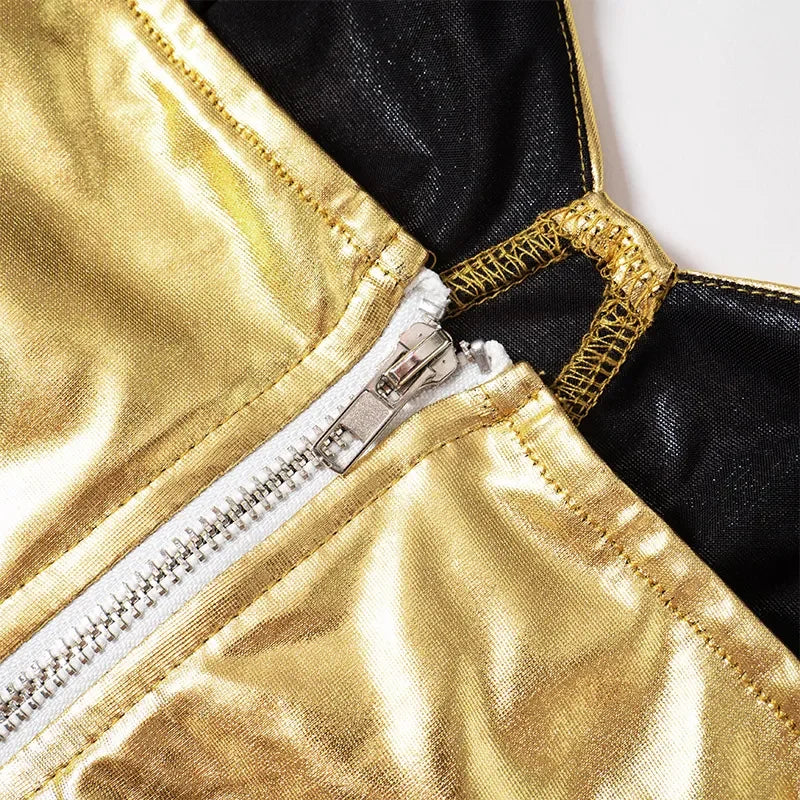 Women 2 Piece Shiny Silver Gold Leather Bustiers Corsets Slim Shorts
