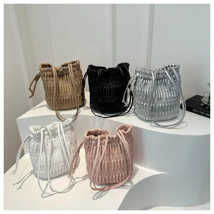 Silver Pleated Drawstring Shoulder Bucket Bags Women
