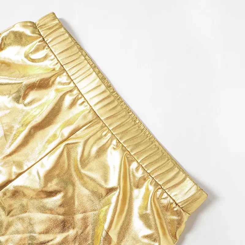 Women 2 Piece Shiny Silver Gold Leather Bustiers Corsets Slim Shorts