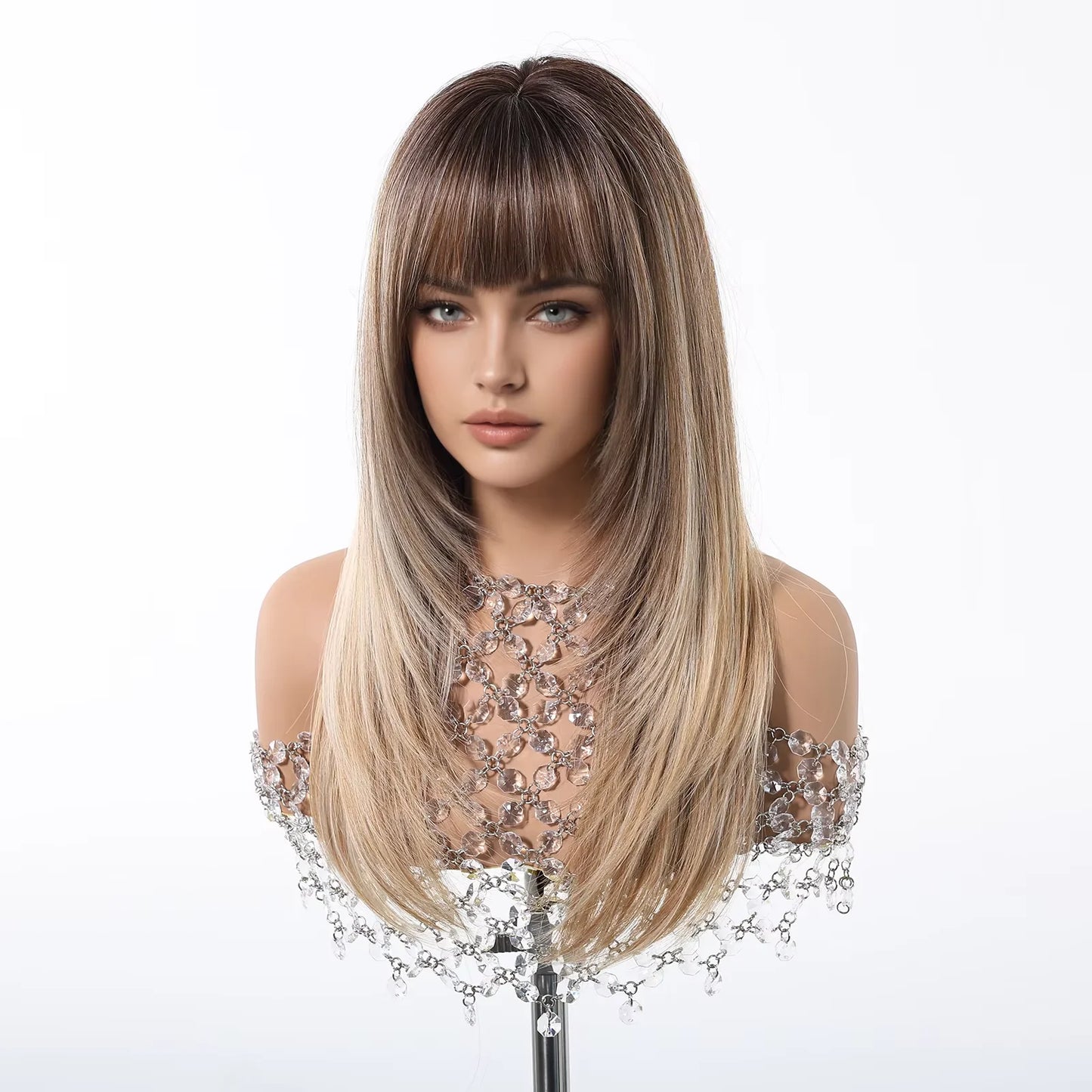 EASIHAIR Women Synthetic Wigs Long Brown Ombre Blonde Layered Hair Straight Wigs