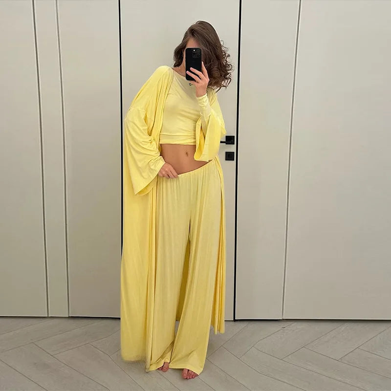 Casual Yellow Women 3 Pieces Suits 2025 V-neck Long Coat