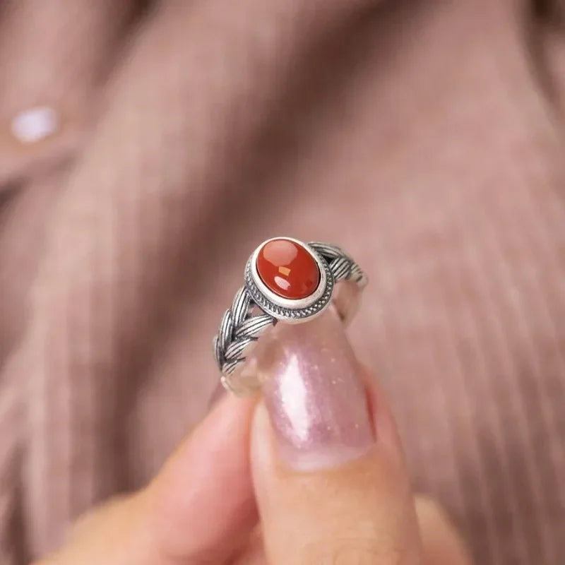 Retro Hollow Wheat Ear Red Stone Rings for Women Gift Fashion Ethnic Style Open Index Finger Ring Boho Mom's Jewelry Accessories