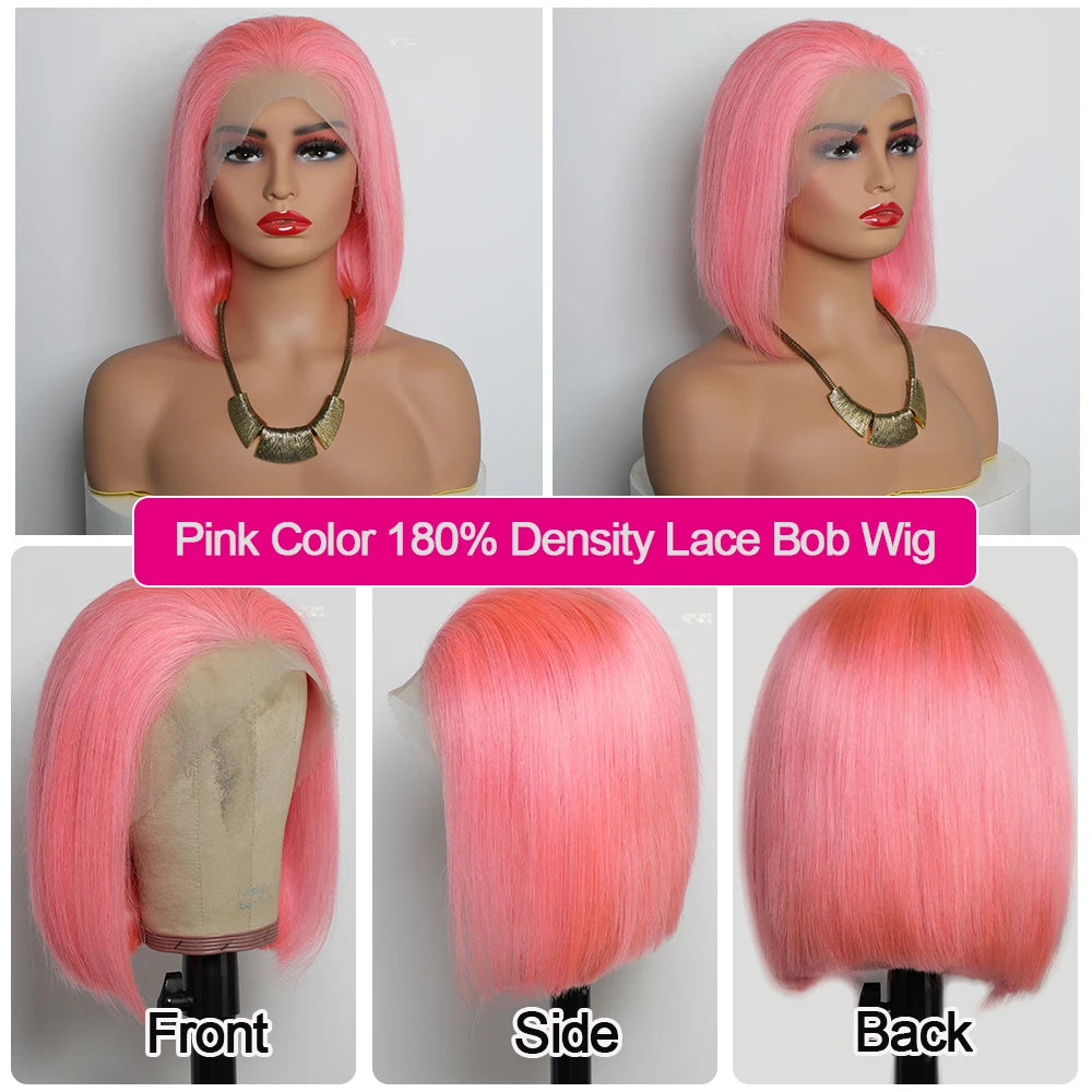 Pink Bob Wig Human Hair 180% Denity