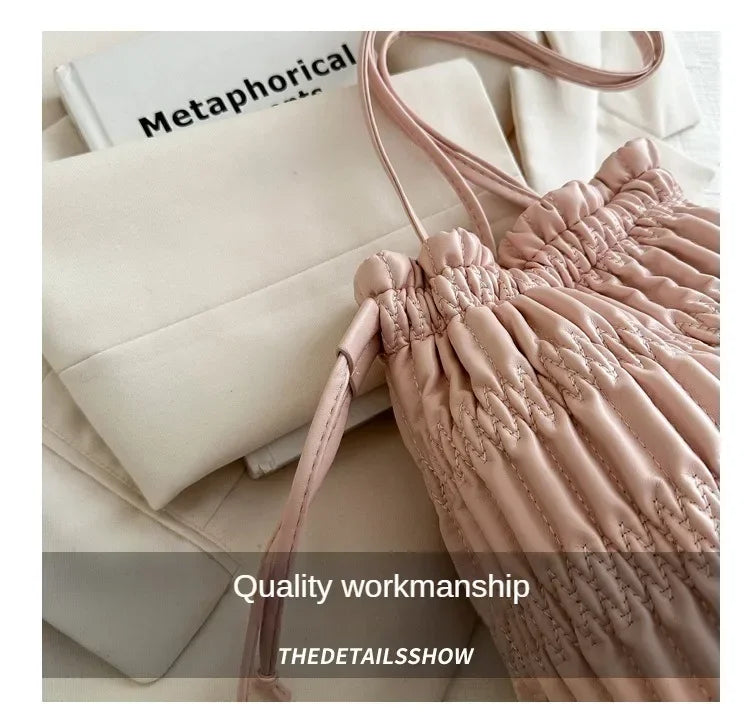 Silver Pleated Drawstring Shoulder Bucket Bags Women